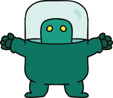 Bir insan tarafından çizilmiş takım elbiseli bir uzaylının el çizimi karikatürü.