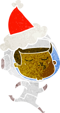 Kendine güvenen bir astronotun Noel Baba şapkası taktığı el çizimi bir insan tarafından çizilmiş.