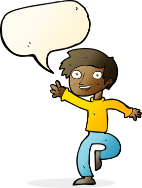 Bir insan tarafından çizilmiş konuşma balonuyla dans eden heyecanlı çocuk.