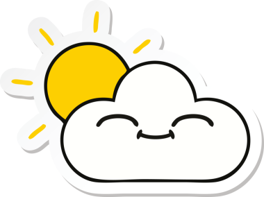 Bir insan tarafından çizilmiş şirin bir karikatür güneş ışığı ve bulut çıkartması.