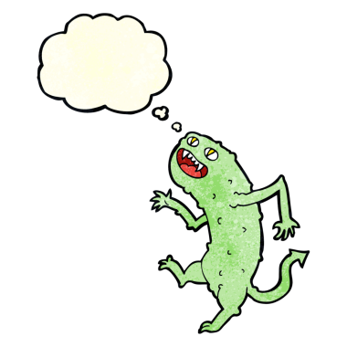 Bir insan tarafından çizilmiş düşünce baloncuklu çizgi film canavarı.