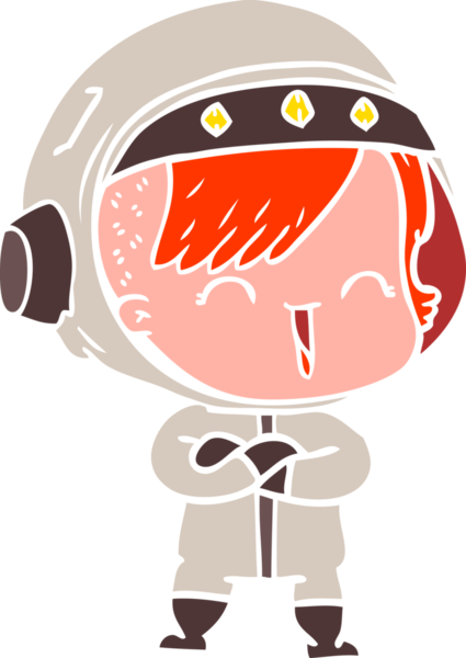 Düz renkli çizgi film. Gülen astronot kız bir insan tarafından çizilmiş.