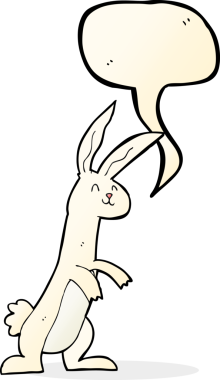 Bir insan tarafından çizilmiş konuşma balonlu çizgi film tavşanı.