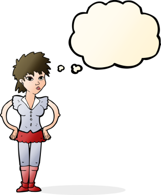 Bir insan tarafından çizilmiş düşünce baloncuğu olan elleri kalçasında çizgi film kadını.