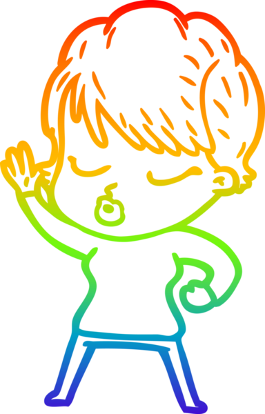 Gökkuşağı gradyan çizgi çizimi bir insan tarafından çizilmiş gözleri olan bir karikatür kadın