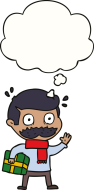 Bıyıklı ve noel hediyeli karikatür adamı bir insan tarafından çizilmiş düşünce baloncuğuyla