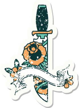 Bir hançer bayrağı ve bir insan tarafından çizilmiş çiçekler olan eski bir etiket.