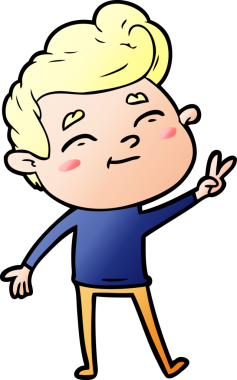 Mutlu çizgi film adamı bir insan tarafından çizilmiş bir barış işareti veriyor.