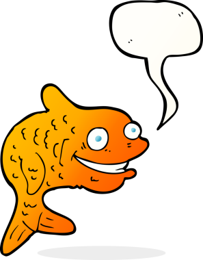 Bir insan tarafından çizilmiş konuşma balonlu mutlu balık çizgi filmi.