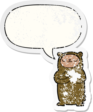 Konuşma baloncuğu olan çizgi film ayısı bir insan tarafından çizilmiş sıkıntılı eski bir çıkartma