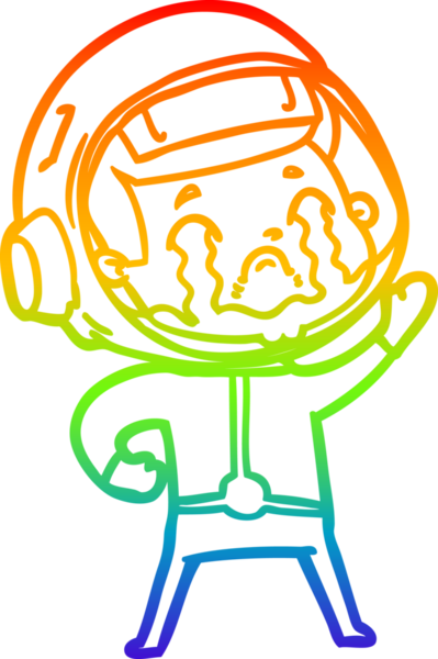 Gökkuşağı gradyan çizgi çizimi bir insan tarafından çizilmiş ağlayan astronot