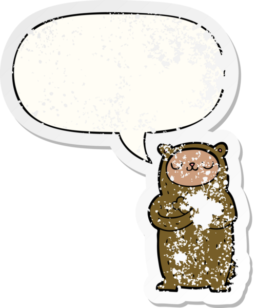 Konuşma baloncuğu olan çizgi film ayısı bir insan tarafından çizilmiş sıkıntılı eski bir çıkartma