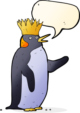 Karikatür imparatoru penguen bir insan tarafından çizilmiş konuşma balonuyla el sallıyor.
