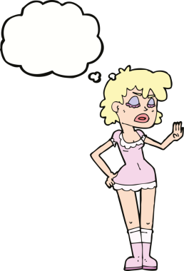 Bir insan tarafından çizilen düşünce baloncuğuyla kibirli bir jest yapan karikatür kadını.