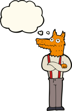 Bir insan tarafından çizilmiş düşünce balonlu komik tilki çizgi filmi.