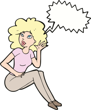 Bir insan tarafından çizilmiş bir konuşma balonuyla dinleyen çizgi film kadını.