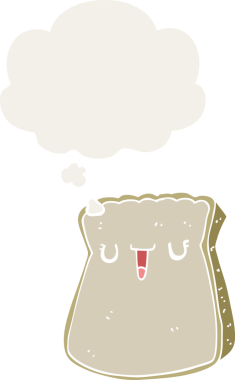 bir insan tarafından çizilmiş, düşünce baloncuklu bir ekmek dilimi.