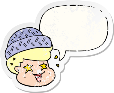 Konuşma balonlu şapka takan çizgi film çocuğu, bir insan tarafından çizilmiş sıkıntılı eski bir çıkartma.