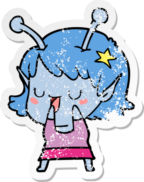 Bir insan tarafından çizilmiş mutlu uzaylı kız çizgi filminin sıkıntılı çıkartması.