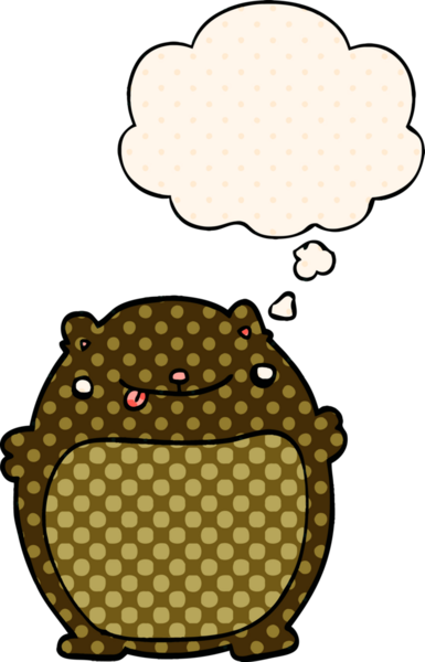 Çizgi roman tarzında bir insan tarafından çizilmiş düşünce kabarcığı olan çizgi film ayısı.