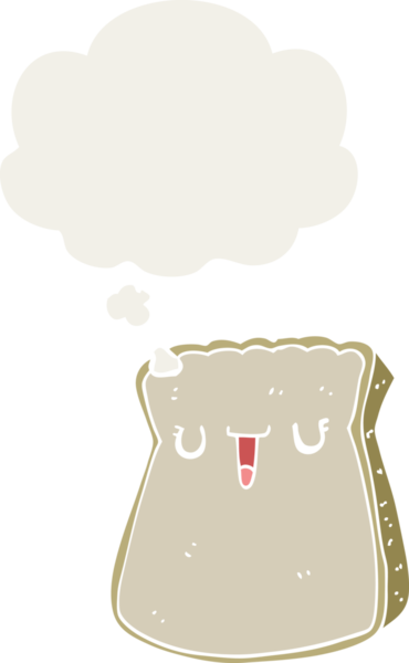 bir insan tarafından çizilmiş, düşünce baloncuklu bir ekmek dilimi.