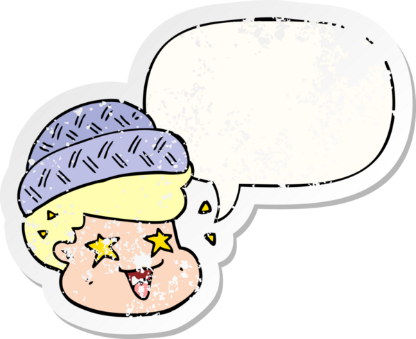 Konuşma balonlu şapka takan çizgi film çocuğu, bir insan tarafından çizilmiş sıkıntılı eski bir çıkartma.