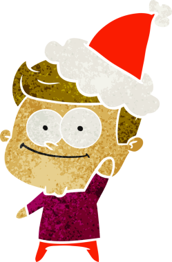 Bir insan tarafından çizilmiş Noel Baba şapkası giyen mutlu bir adamın el çizimi karikatürü.