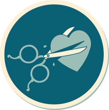 Geleneksel makas stili dövme çıkartması bir insan tarafından çizilmiş bir kalbi kesiyor.