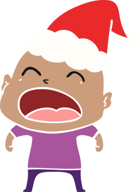 Bir insan tarafından çizilmiş Noel Baba şapkası giymiş kel bir adamın el çizimi düz bir resim.