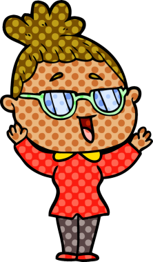 Bir insan tarafından çizilmiş gözlüklü mutlu kadın çizgi filmi.