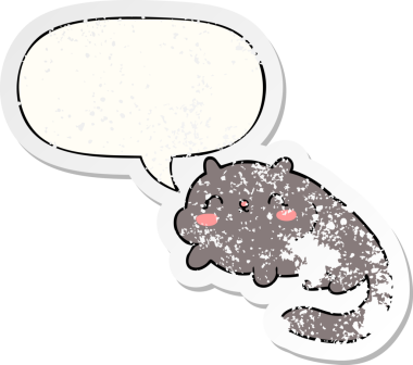 Konuşma baloncuğu olan çizgi film kedisi bir insan tarafından çizilmiş sıkıntılı eski bir çıkartma