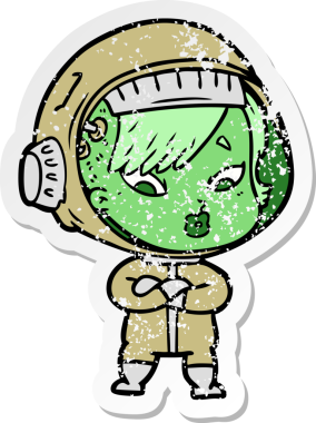 Bir insan tarafından çizilmiş karikatür astronot kadının sıkıntılı çıkartması.