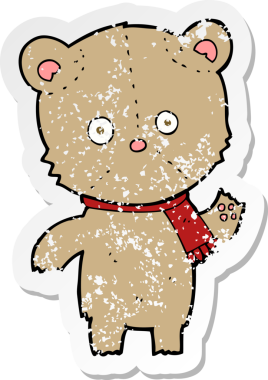 Bir insan tarafından çizilmiş oyuncak ayı sallayan bir çizgi filmin gerilimli retro yapıştırması.