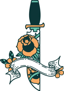 Geleneksel dövme, bir hançer ve bir insan tarafından çizilmiş çiçekler.