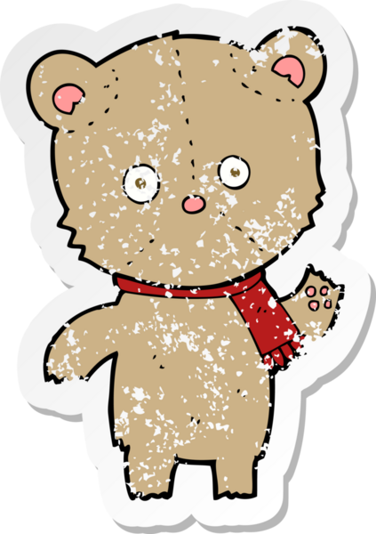 Bir insan tarafından çizilmiş oyuncak ayı sallayan bir çizgi filmin gerilimli retro yapıştırması.