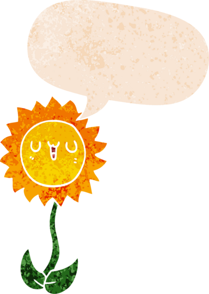 Bir insan tarafından çizilmiş grunge dertli retro biçimli konuşma baloncuklu karikatür çiçeği