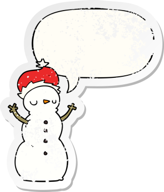 Konuşma baloncuğu olan kardan adam bir insan tarafından çizilmiş sıkıntılı eski bir çıkartma