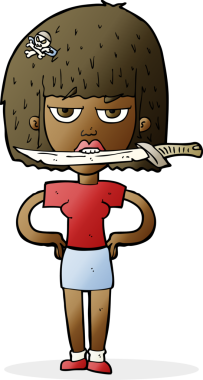 Bir insan tarafından çizilmiş, dişlerinin arasında bıçak olan çizgi film kadını.