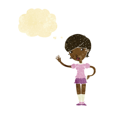 Bir insan tarafından çizilmiş düşünce baloncuğuyla el sallayan çizgi film kızı.