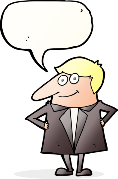 Bir insan tarafından çizilmiş konuşma balonu olan takım elbiseli mutlu bir adam.