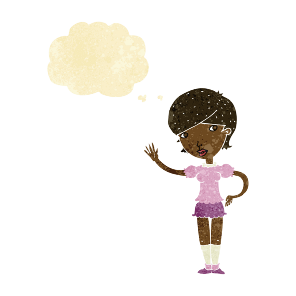 Bir insan tarafından çizilmiş düşünce baloncuğuyla el sallayan çizgi film kızı.