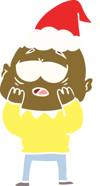 Bir insan tarafından çizilmiş Noel Baba şapkası giyen yorgun ve kel bir adamın düz bir resmi.