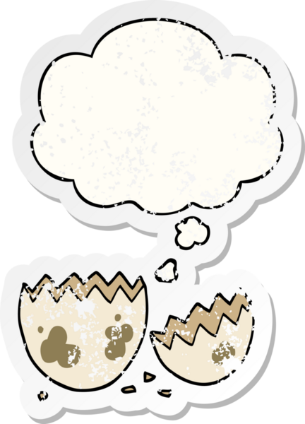 Karikatür, insan tarafından çizilmiş yıpranmış bir çıkartma gibi düşünce baloncuğuyla kırılmış yumurta.