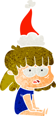 Bir insan tarafından çizilmiş Noel Baba şapkası giyen yorgun bir kadının el çizimi karikatürü.