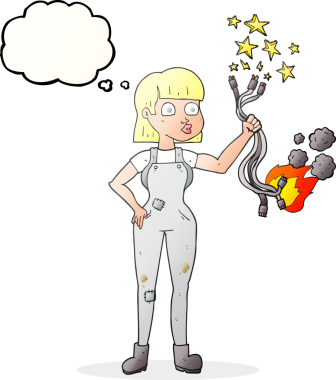 Bir insan tarafından çizilmiş serbest çizim balon karikatür kadın elektrikçi.