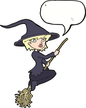 Bir insan tarafından çizilmiş konuşma balonuyla süpürgeye binen cadı çizgi filmi.