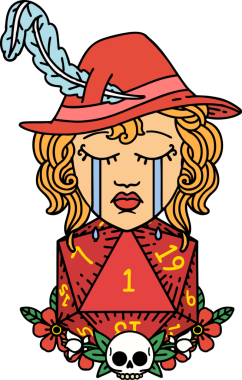 Retro Dövme Tarzı Ağlayan İnsan Ozanı Bir insan tarafından çizilmiş doğal bir D20 zar ile