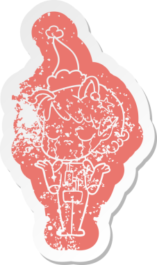 Bir insan tarafından çizilmiş Noel Baba şapkası giyen ağlayan uzaylı bir kızın garip karikatürü.