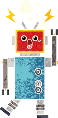 Bir insan tarafından çizilen robot arızasının retro çizim tarzı karikatürü