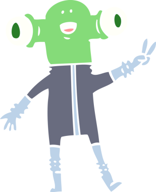 Düz renkli çizgi film uzaylıları bir insan tarafından çizilmiş barış işareti veriyorlar.